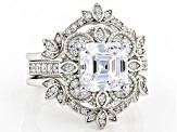 White Cubic Zirconia Platinum Over Silver Asscher Cut Ring With Guard 4.65ctw