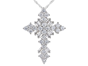 Picture of White Cubic Zirconia Platinum Over Sterling Silver Cross Pendant With Chain 5.44ctw