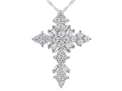 White Cubic Zirconia Platinum Over Sterling Silver Cross Pendant With Chain  5.44ctw