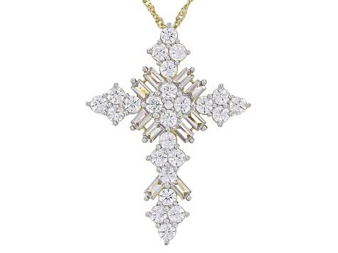 White Cubic Zirconia 18k Yellow Gold Over Sterling Silver Cross Pendant With Chain 5.44ctw