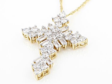 White Cubic Zirconia 18k Yellow Gold Over Sterling Silver Cross Pendant With Chain 5.44ctw