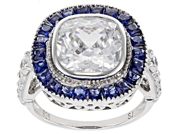 Picture of Blue Sapphire Simulant And White Cubic Zirconia Rhodium Over Sterling Silver Ring 7.18ctw