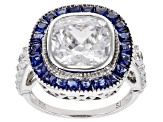 Blue Sapphire Simulant And White Cubic Zirconia Rhodium Over Sterling Silver Ring 7.18ctw