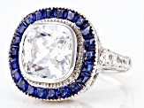 Blue Sapphire Simulant And White Cubic Zirconia Rhodium Over Sterling Silver Ring 7.18ctw