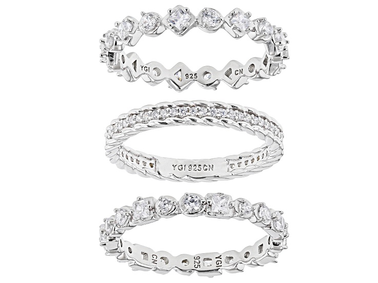 White Cubic Zirconia Rhodium Over Sterling Silver 3 Ring Set