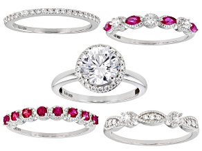 Lab Created Ruby And White Cubic Zirconia Platinum Over Sterling Silver 5 Ring Set 4.74ctw