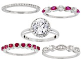 Lab Created Ruby And White Cubic Zirconia Platinum Over Sterling Silver 5 Ring Set 4.74ctw