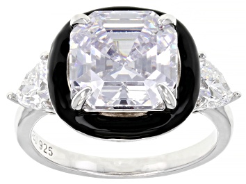 Picture of White Cubic Zirconia And Black Enamel Rhodium Over Sterling Silver Asscher Cut Ring 9.58ctw