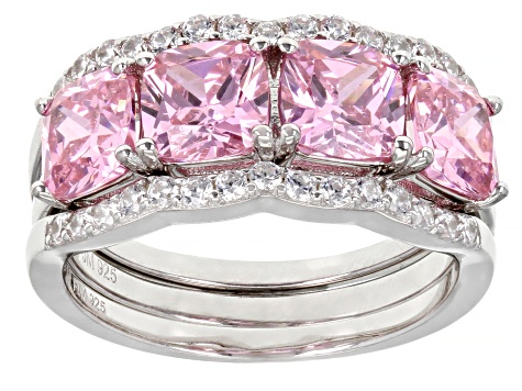 Pink And White Cubic Zirconia Rhodium Over Sterling Silver 3 Ring Set 7.54ctw