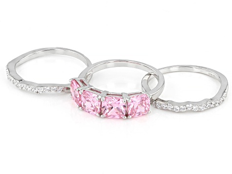 Pink And White Cubic Zirconia Rhodium Over Sterling Silver 3 Ring Set 7.54ctw