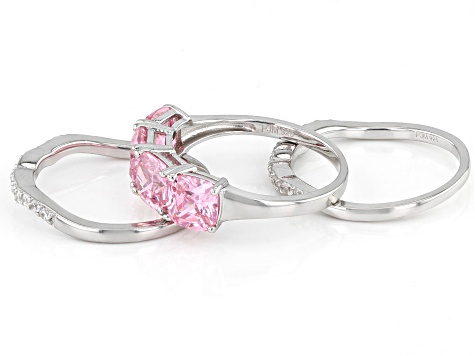 Pink And White Cubic Zirconia Rhodium Over Sterling Silver 3 Ring Set 7.54ctw
