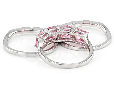 Pink And White Cubic Zirconia Rhodium Over Sterling Silver 3 Ring Set 7.54ctw