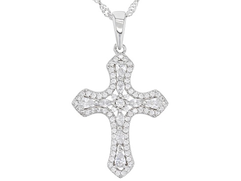 White Cubic Zirconia Rhodium Over Sterling Silver Cross Pendant With ...