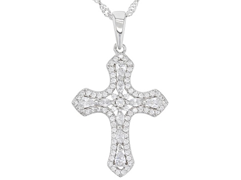 White Cubic Zirconia Rhodium Over Sterling Silver Cross Pendant With Chain 1.23ctw