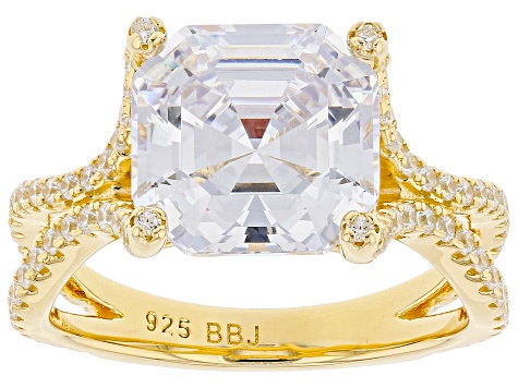 White Cubic Zirconia 18k Yellow Gold Over Sterling Silver Asscher Cut Ring 8.72ctw