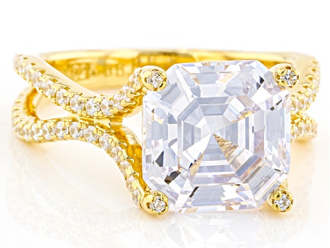 White Cubic Zirconia 18k Yellow Gold Over Sterling Silver Asscher Cut Ring 8.72ctw