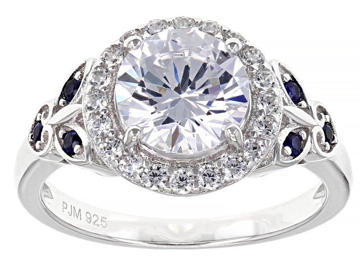 White Cubic Zirconia And Lab Created Blue Sapphire Rhodium Over Sterling Silver Ring 3.63ctw