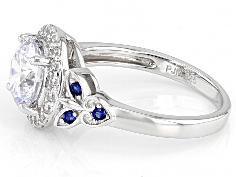White Cubic Zirconia And Lab Created Blue Sapphire Rhodium Over Sterling Silver Ring 3.63ctw