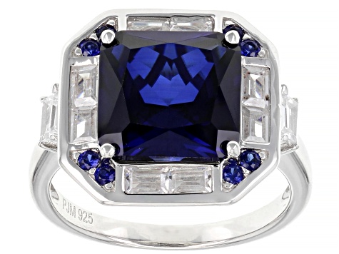 Blue Lab Created Sapphire and White Cubic Zirconia Rhodium Over Sterling Silver Ring 6.57ctw