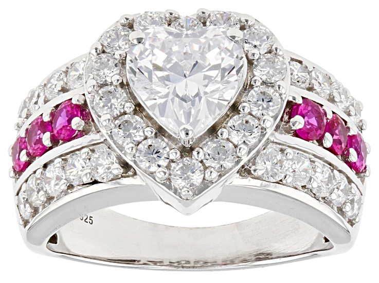 White Cubic Zirconia And Lab Created Ruby Platinum Over Sterling Silver Ring 4.56ctw