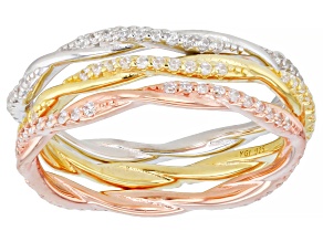 White Cubic Zirconia Rhodium And 18k Yellow And Rose Over Sterling Silver 3 Ring Set 1.08ctw