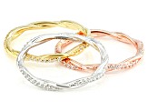White Cubic Zirconia Rhodium And 18k Yellow And Rose Over Sterling Silver 3 Ring Set 1.08ctw