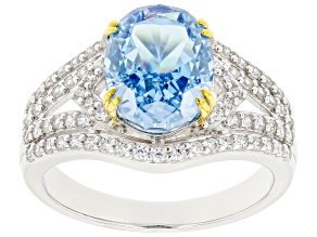 Blue And White Cubic Zirconia Rhodium Over Sterling Silver Starry Cut Ring 7.32ctw