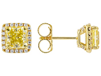Picture of Canary And White Cubic Zirconia 18k Yellow Gold Over Sterling Silver Starry Cut Earrings 4.59ctw