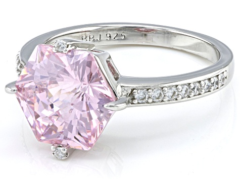 Pink And White Cubic Zirconia Rhodium Over Sterling Silver Hexagon Cut Ring 8.36ctw