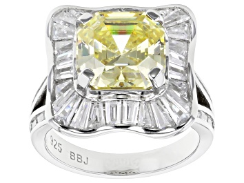 Picture of Canary And White Cubic Zirconia Rhodium Over Sterling Silver Asscher Cut Ring 11.33ctw