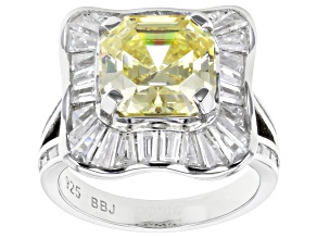 Canary And White Cubic Zirconia Rhodium Over Sterling Silver Asscher Cut Ring 11.33ctw