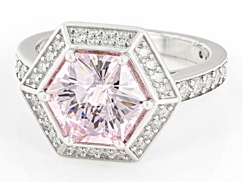 Pink And White Cubic Zirconia Rhodium Over Sterling Silver Hexagon Cut Ring 6.88ctw