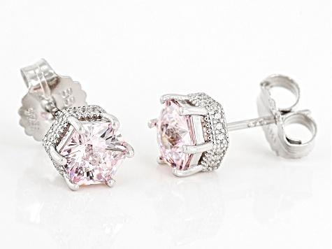Pink And White Cubic Zirconia Rhodium Over Sterling Silver Hexagon Cut Earrings 3.66ctw