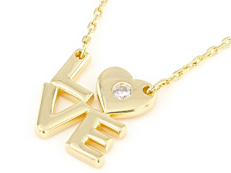 White Cubic Zirconia 18k Yellow Gold Over Sterling Silver "Love" Necklace 0.08ctw