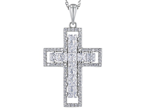 White Cubic Zirconia Rhodium Over Sterling Silver Cross Pendant With Chain 3.40ctw