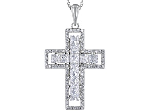 White Cubic Zirconia Rhodium Over Sterling Silver Cross Pendant With Chain 3.40ctw