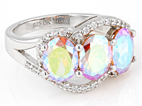 Champagne Aurora Borealis And White Cubic Zirconia Rhodium Over Sterling Silver Ring 6.43ctw