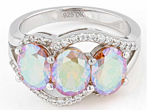 Champagne Aurora Borealis And White Cubic Zirconia Rhodium Over Sterling Silver Ring 6.43ctw