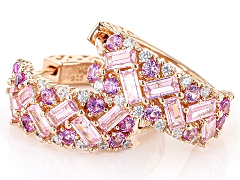 Pink Lab Created Sapphire, Pink, And White Cubic Zirconia 18k Rose Gold Over Silver Huggies 3.85ctw