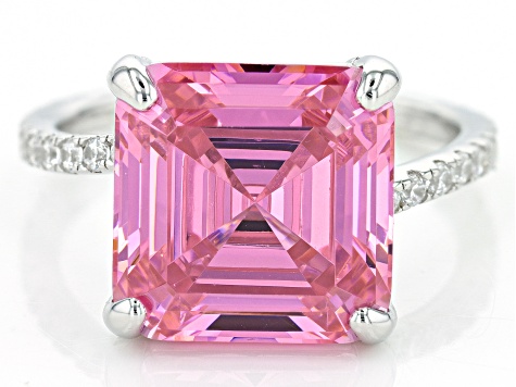 Pink And White Cubic Zirconia Rhodium Over Sterling Silver Asscher Cut Ring 16.43ctw