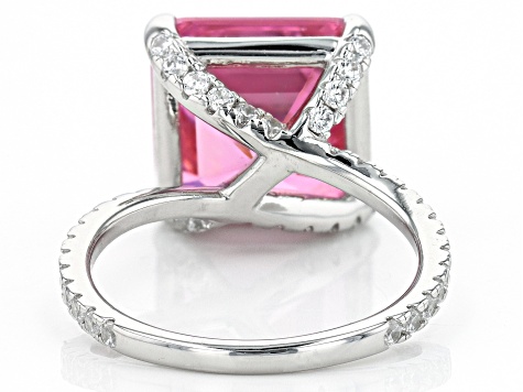 Pink And White Cubic Zirconia Rhodium Over Sterling Silver Asscher Cut Ring 16.43ctw