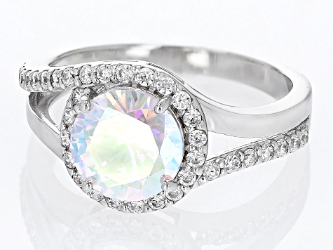 Aurora Borealis And White Cubic Zirconia Rhodium Over Sterling Silver Ring 3.87ctw