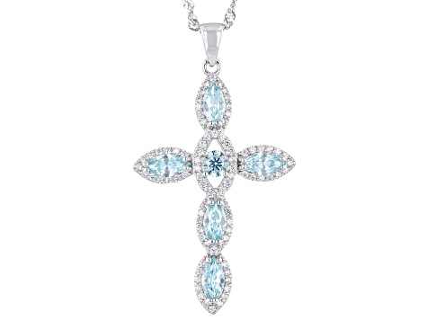 Blue And White Cubic Zirconia Rhodium Over Silver Cross Pendant With Chain 3.09ctw