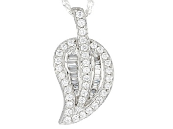 Picture of White Cubic Zirconia Rhodium Over Sterling Silver Leaf Pendant With Chain 0.90ctw