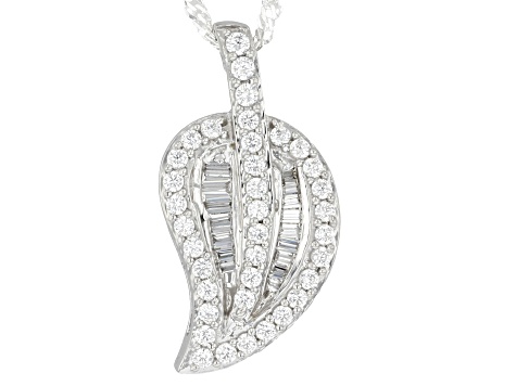 White Cubic Zirconia Rhodium Over Sterling Silver Leaf Pendant With Chain 0.90ctw