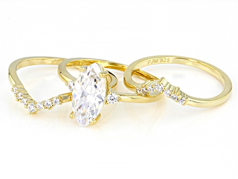 White Cubic Zirconia 18k Yellow Gold Over Sterling Silver Ring Set Of 3 3.01ctw