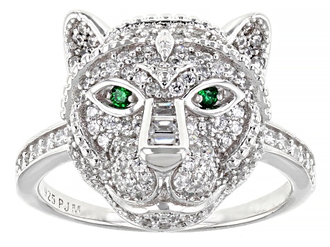 White And Green Cubic Zirconia Rhodium Over Sterling Silver Cat Ring 1.82ctw