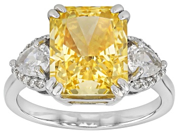 Picture of Canary And White Cubic Zirconia Rhodium Over Silver Ice Flower Cut Ring 12.04ctw
