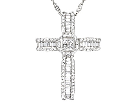White Cubic Zirconia Platinum Over Sterling Silver Cross Pendant With Chain 1.10ctw