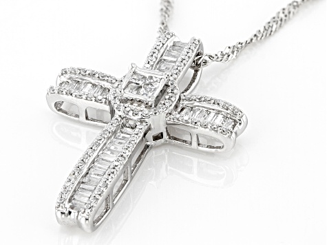 White Cubic Zirconia Platinum Over Sterling Silver Cross Pendant With Chain 1.10ctw